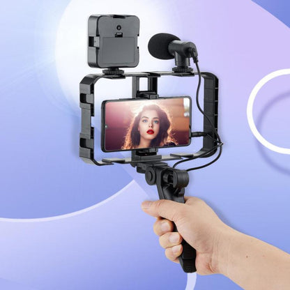 Smartphone Cage Stabilizer with Microphone & LED Fill Light - Anti-Shake Handheld Gimbal for Vlogging, AY-49B