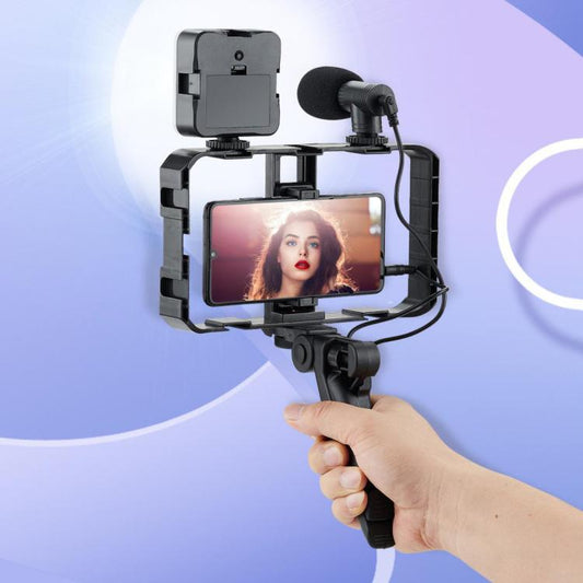 Smartphone Cage Stabilizer with Microphone & LED Fill Light - Anti-Shake Handheld Gimbal for Vlogging, AY-49B
