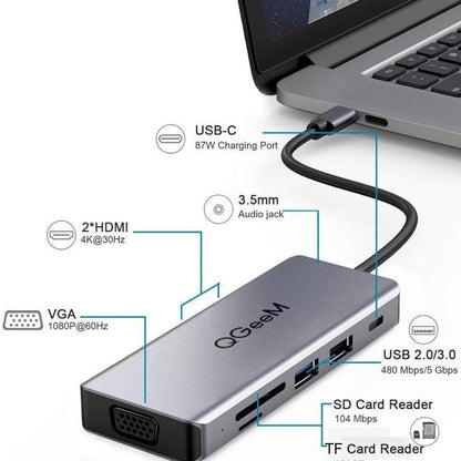 QGeeM 9 In 1 USB-C/Type-C Docking Station Hub VGA+2xHDMI+PD 87W+USB2.0/USB3.0+SD/TF+3.5mm, VGA Version