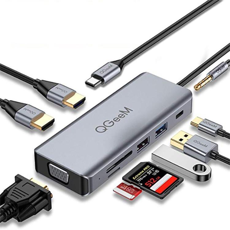 QGeeM 9 In 1 USB-C/Type-C Docking Station Hub VGA+2xHDMI+PD 87W+USB2.0/USB3.0+SD/TF+3.5mm, VGA Version