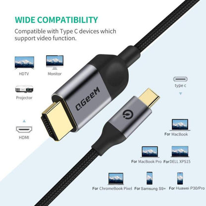 QGeeM USB-C/Type-C To HDMI Cable 4K 30Hz For Screen Mirroring & Extended Display, 1.2m, 1.8m, 3m