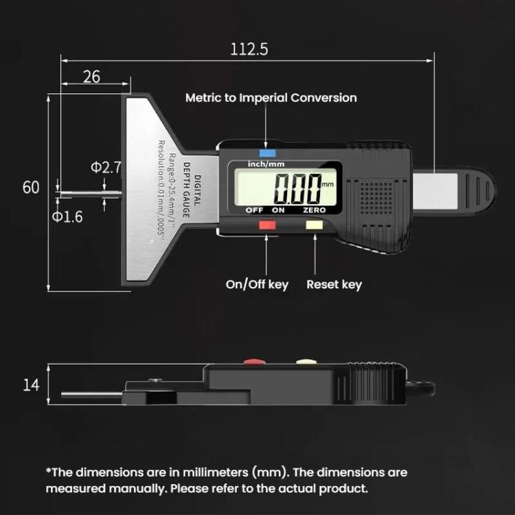 Syntek Digital Depth Ruler 0-25mm Electronic Tire Tread Measuring Ruler, Silver, Black