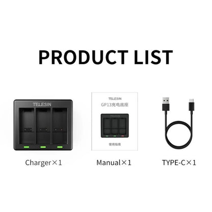 For GoPro HERO13 Black TELESIN 3 Slots Charging Base Action Camera Accessories, Charging Base