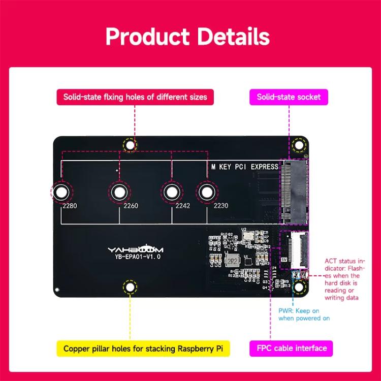 Yahboom PCIe To M.2 Adapter Expansion Board For Raspberry Pi 5 NVMe Expansion Board, Separate Board, Board + 256G SSD