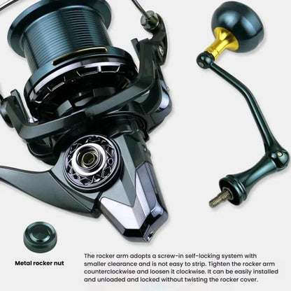 Guide Rod Structure All-Metal Spinning Reel Zero Backlash 4.7:1 Gear Ratio, Screw-In Handle for Surf Casting & Anchoring, YUMOSHI TC9000, YUMOSHI TC10000, YUMOSHI TC12000, YUMOSHI TC14000