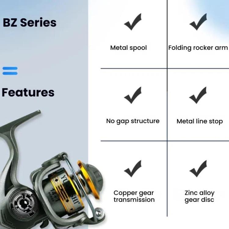 Zero-Gap Mini Spinning Reel for Rock/Ice/Raft/Lure Fishing, 5.2:1 Gear Ratio, YUMOSHI BZ500, YUMOSHI BZ800