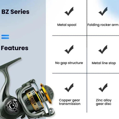 Zero-Gap Mini Spinning Reel for Rock/Ice/Raft/Lure Fishing, 5.2:1 Gear Ratio, YUMOSHI BZ500, YUMOSHI BZ800