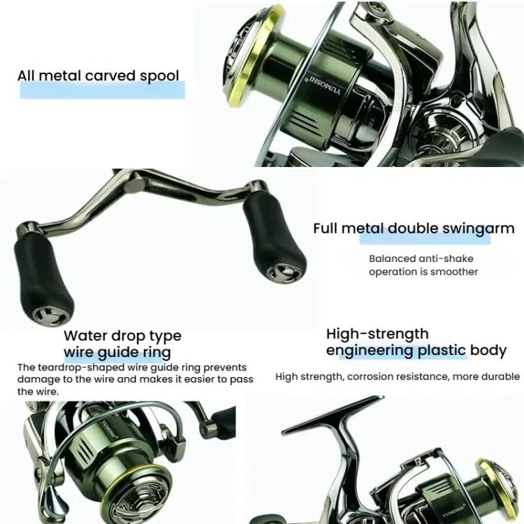Dual Handle Zero-Gap Spinning Reel Balanced Anti-Shake Design, 5.2:1 Gear Ratio, YUMOSHI  SE2000S, YUMOSHI SE2500, YUMOSHI SE3000, YUMOSHI SE4000
