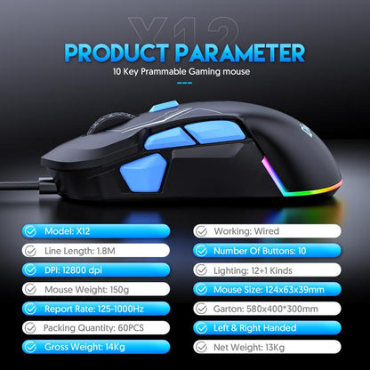 MKESPN 12800 DPI Ambidextrous Wired Gaming Mouse - 10 Programmable Buttons, RGB Customization, Symmetrical Design