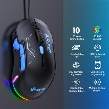 MKESPN 12800 DPI Ambidextrous Wired Gaming Mouse - 10 Programmable Buttons, RGB Customization, Symmetrical Design