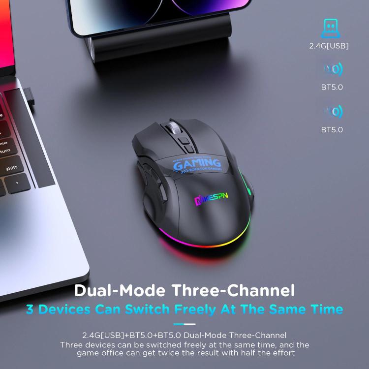 MKESPN W10 Tri-Mode Wireless Gaming Mouse 2400DPI with 9 Programmable Buttons, RGB Lighting, Type-C Rechargeable, W10