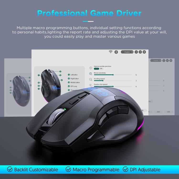 MKESPN W10 Tri-Mode Wireless Gaming Mouse 2400DPI with 9 Programmable Buttons, RGB Lighting, Type-C Rechargeable, W10