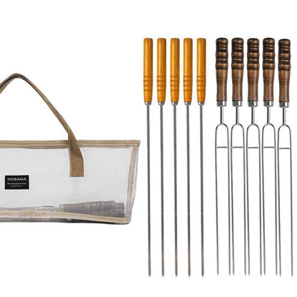 NOBANA Outdoor BBQ Grilling Fork Portable Stainless Steel Wooden Handle Grilling Skewer With Storage Bag, 7pcs /Set White, 7pcs /Set Black, 10pcs /Set White, 10pcs /Set Black