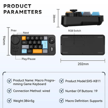 MKESPN  19-Key USB-C Wired Gaming Keyboard Macro Programmable Hot-Swappable Design with Control Knob & Joystick Scroll Wheel, K811  Black