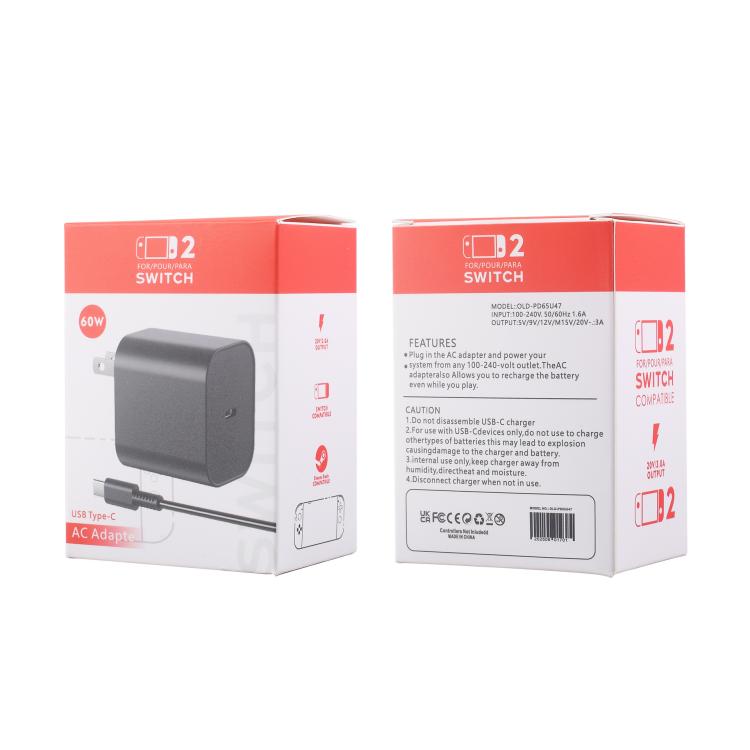 For Nintendo Switch 2 Fast Charger 60W Power Adapter Wall Plug With USB-C Cable, US Plug