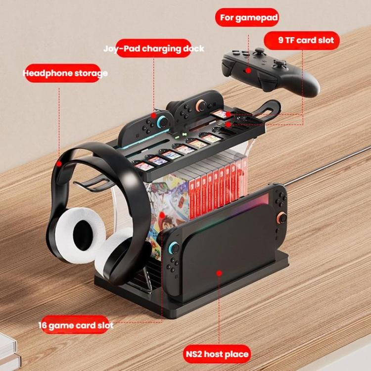 For Nintendo Switch 2 Joy-Con Multi-Functional Holder Charging Station with RGB Lights 25 Game Card Storage, HS-2806
