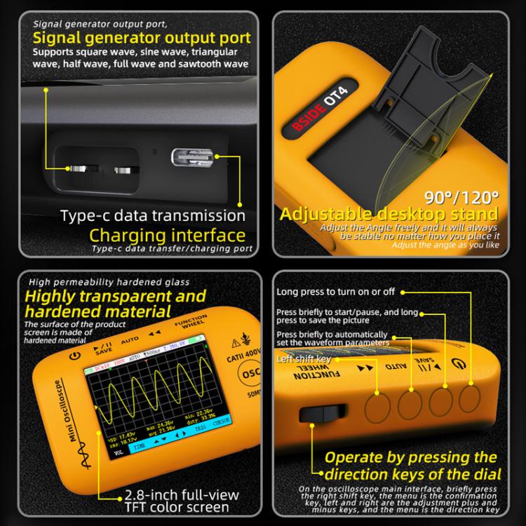 Miniature Oscilloscope Signal Generator Rechargeable Handheld Color Screen 50MHz Oscilloscope, OT4