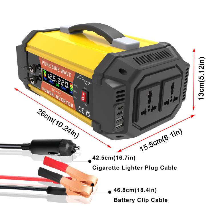 Gurxun Pure Sine Wave Inverter With Dual AC Outlets 2 USB + 2 Type-C Ports Car Power Converter, PQ500W EU Plug, PQ500W Brazil Plug 12V To 220V, PQ500W Universal Socket 12V To 220V, PQ800W EU Plug, PQ800W Brazil Plug 12V To 220V