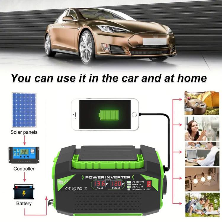 Gurxun Car Pure Sine Wave Inverter Dual AC Sockets + 2 USB + 2 Type-C Ports Outdoor Car Power Converter, 300W EU Plug, 500W EU Plug, 300W US Plug, 500W US Plug, 300W Brazil Plug 12V To 110V, 300W Brazil Plug 12V To 220V, 500W Brazil Plug 12V To 110V