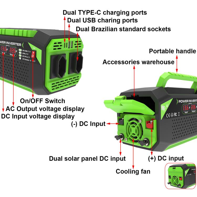 Gurxun Car Pure Sine Wave Inverter Dual AC Sockets + 2 USB + 2 Type-C Ports Outdoor Car Power Converter, 300W EU Plug, 500W EU Plug, 300W US Plug, 500W US Plug, 300W Brazil Plug 12V To 110V, 300W Brazil Plug 12V To 220V, 500W Brazil Plug 12V To 110V