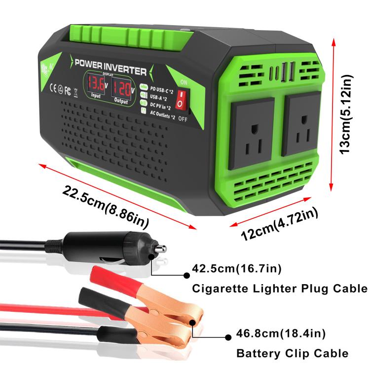 Gurxun Car Pure Sine Wave Inverter Dual AC Sockets + 2 USB + 2 Type-C Ports Outdoor Car Power Converter, 300W EU Plug, 500W EU Plug, 300W US Plug, 500W US Plug, 300W Brazil Plug 12V To 110V, 300W Brazil Plug 12V To 220V, 500W Brazil Plug 12V To 110V
