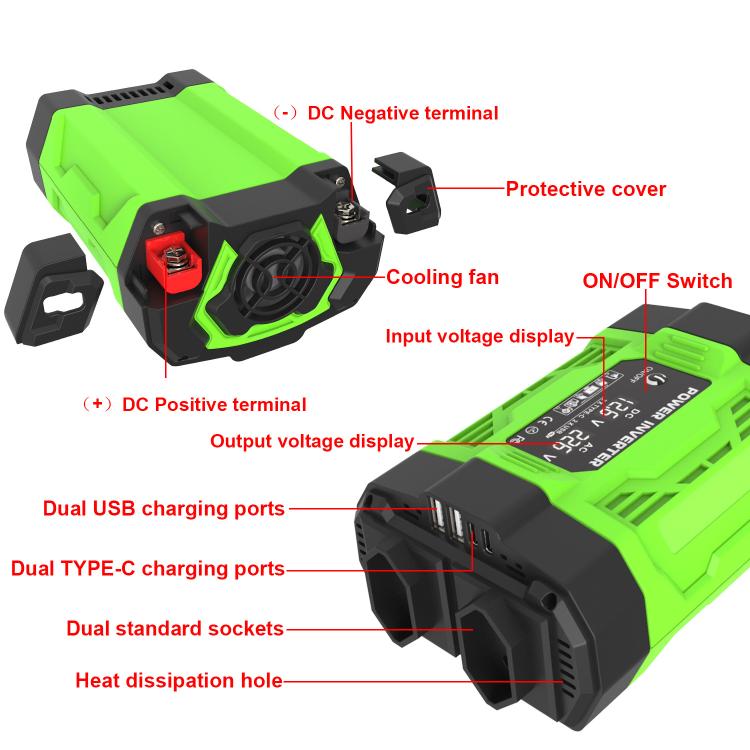 Gurxun Modified Wave Inverter With 18W Solar Panel + 30A Controller Dual Socket + 2 USB + 2 Type-C Ports, 300W Universal Socket 12V To 220V, 300W Universal Socket 12V To 110V, 300W EU Plug 12V To 220V, 300W US Plug 12V To 110V