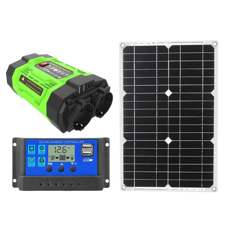 Gurxun 200W Modified Wave Inverter With 18W Solar Panel + 30A Controller Dual Socket + 2 USB + 2 Type-C Ports, Universal Socket 12V To 220V, Universal Socket 12V To 110V, EU Plug 12V To 220V, US Plug 12V To 110V, Brazil Plug 12V To 220V