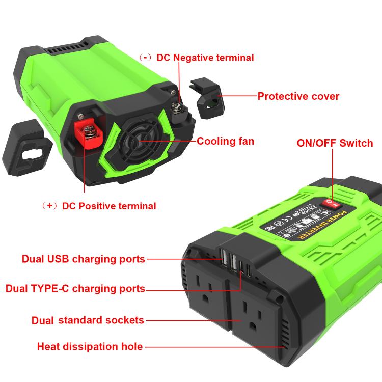 Gurxun 200W Modified Wave Inverter With 18W Solar Panel + 30A Controller Dual Socket + 2 USB + 2 Type-C Ports, Universal Socket 12V To 220V, Universal Socket 12V To 110V, EU Plug 12V To 220V, US Plug 12V To 110V, Brazil Plug 12V To 220V