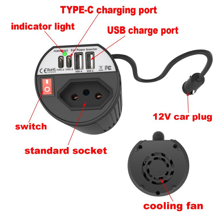 Gurxun 200W Modified Wave Intelligent Car Inverter Dual USB + Dual Type-C Port Car Power Converter, Brazil Plug 12V To 110V, Brazil Plug 12V To 220V, Universal Socket 12V To 110V, Universal Socket 12V To 220V