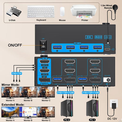 YOUTING YT-203HD 2 In 3 Out KVM USB3.0 Switch, EU Plug, US Plug, UK Plug, AU Plug