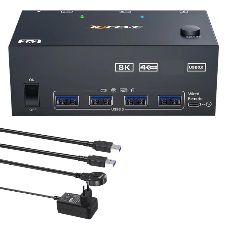 KCEVE KC-KVM204DH 2 In 4 Out 8K 60Hz KVM Switch For 2 Computer 4 Monitors, US Plug, EU Plug, AU Plug, UK Plug