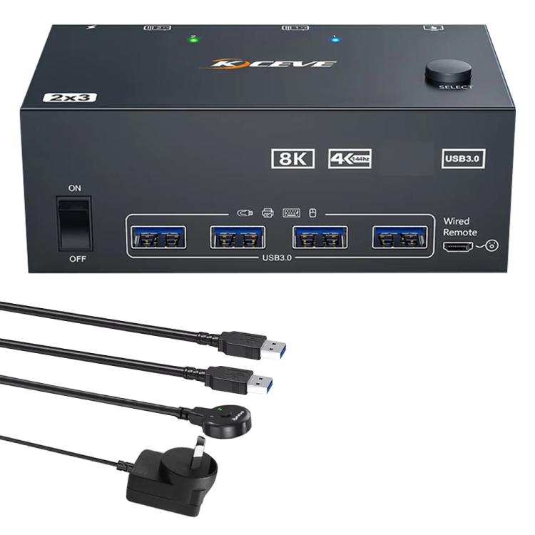 KCEVE KC-KVM204DH 2 In 4 Out 8K 60Hz KVM Switch For 2 Computer 4 Monitors, US Plug, EU Plug, AU Plug, UK Plug