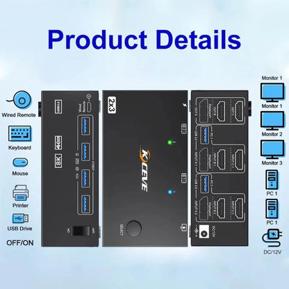 KCEVE KC-KVM204DH 2 In 4 Out 8K 60Hz KVM Switch For 2 Computer 4 Monitors, US Plug, EU Plug, AU Plug, UK Plug