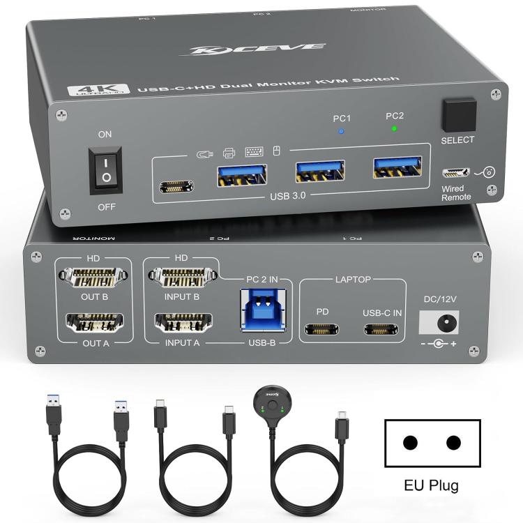 KVEVE KC-KVM202CH USB 3.0 Dual Monitor 4K 60Hz KVM Switch, US Plug, EU Plug, AU Plug, UK Plug