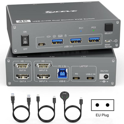 KVEVE KC-KVM202CH USB 3.0 Dual Monitor 4K 60Hz KVM Switch, US Plug, EU Plug, AU Plug, UK Plug