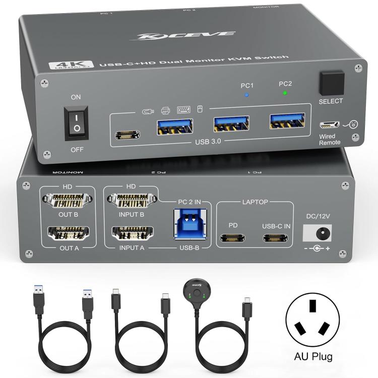 KVEVE KC-KVM202CH USB 3.0 Dual Monitor 4K 60Hz KVM Switch, US Plug, EU Plug, AU Plug, UK Plug