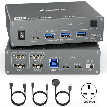 KVEVE KC-KVM202CH USB 3.0 Dual Monitor 4K 60Hz KVM Switch, US Plug, EU Plug, AU Plug, UK Plug