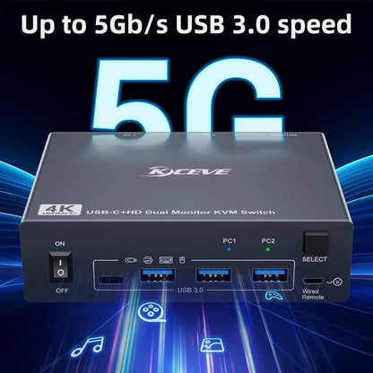 KVEVE KC-KVM202CH USB 3.0 Dual Monitor 4K 60Hz KVM Switch, US Plug, EU Plug, AU Plug, UK Plug
