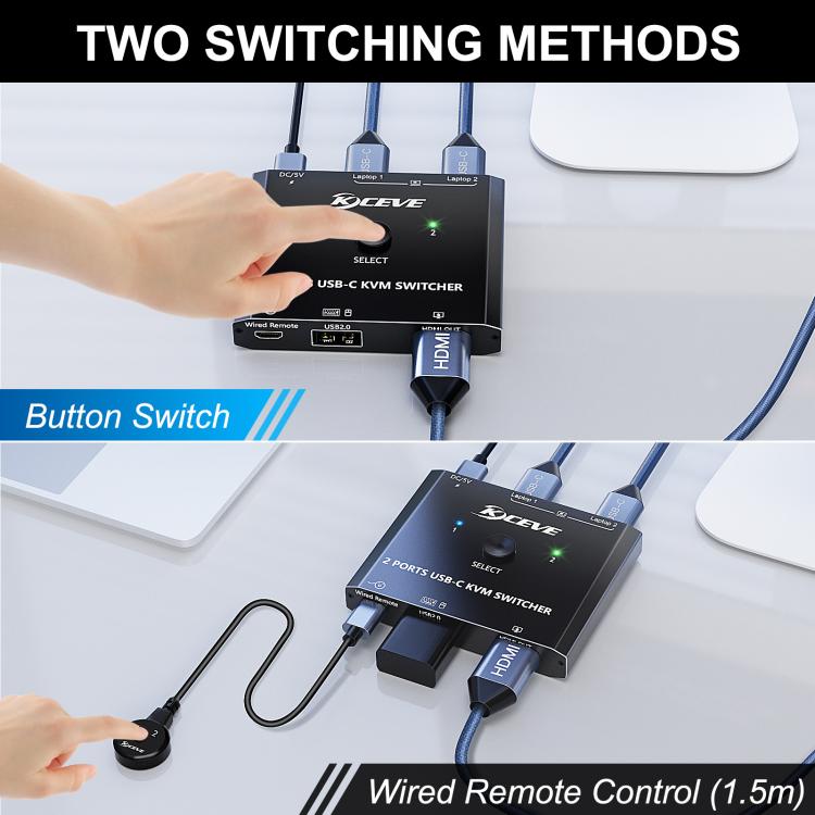 KCEVE KC-C201H 2 Type-C Input 1 Output KVM Switch Support 4K 60Hz, KC-C201H