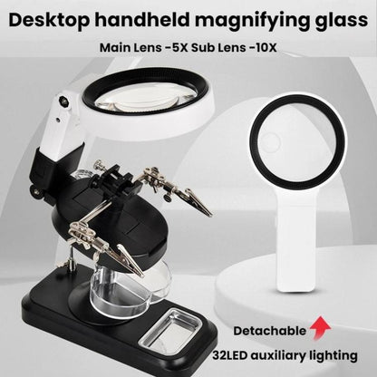5x 10x Desktop Handheld Magnifying Glass 32 LEDs Soldering Iron Maintenance Workbench