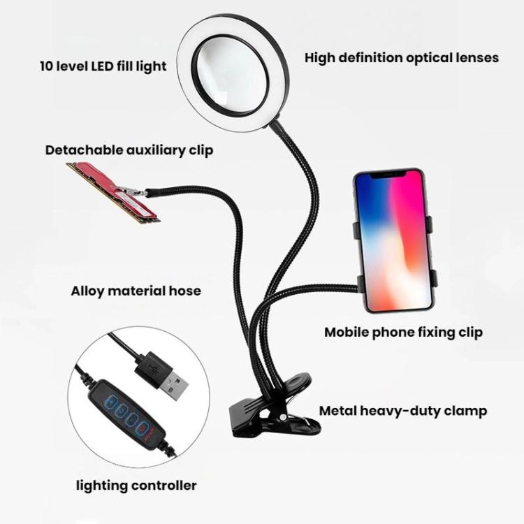 10X 72LEDs Optical Magnifying Glass Hose Type Mobile Phone Holder, 10X