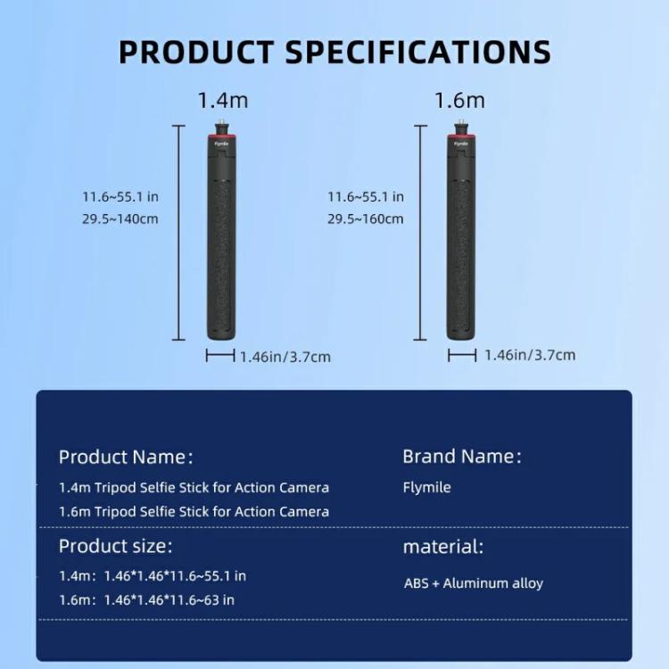 Extendable Selfie Stick Tripod For Action Cameras One-Button Quick Setup Monopod With Wide-Angle View, Flymile 1.4m, Flymile 1.6m