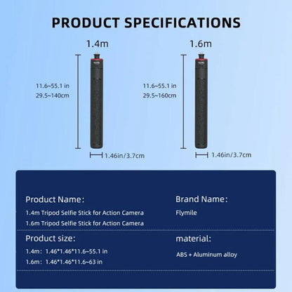 Extendable Selfie Stick Tripod For Action Cameras One-Button Quick Setup Monopod With Wide-Angle View, Flymile 1.4m, Flymile 1.6m