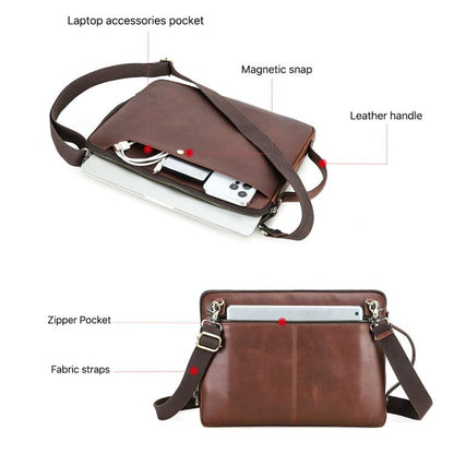 CONTACTS FAMILY 14.2 Inch Crazy Horse Leather Messenger Bag Vintage Crossbody Laptop Briefcase, For Macbook Pro 14.2 Inch