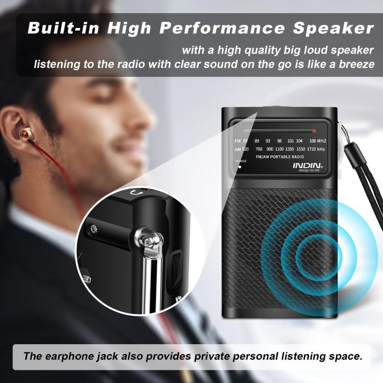 INDIN BC-R955 Portable AM/FM Radio with High-Fidelity Sound & Clip-On Design Sports Outdoor Player, BC-R955