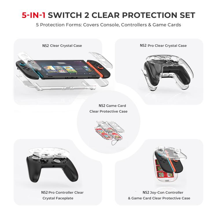 For Nintendo Switch 2 JYS 5-in-1 Crystal Case Full Protection Set Includes Console Shell, Joy-con & Pro Controller Cover, Faceplate, Game Cartridge Case, JYS-NS2326