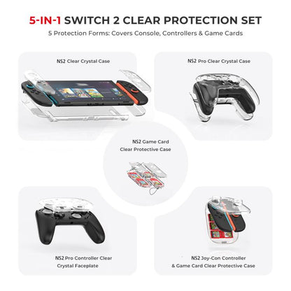 For Nintendo Switch 2 JYS 5-in-1 Crystal Case Full Protection Set Includes Console Shell, Joy-con & Pro Controller Cover, Faceplate, Game Cartridge Case, JYS-NS2326