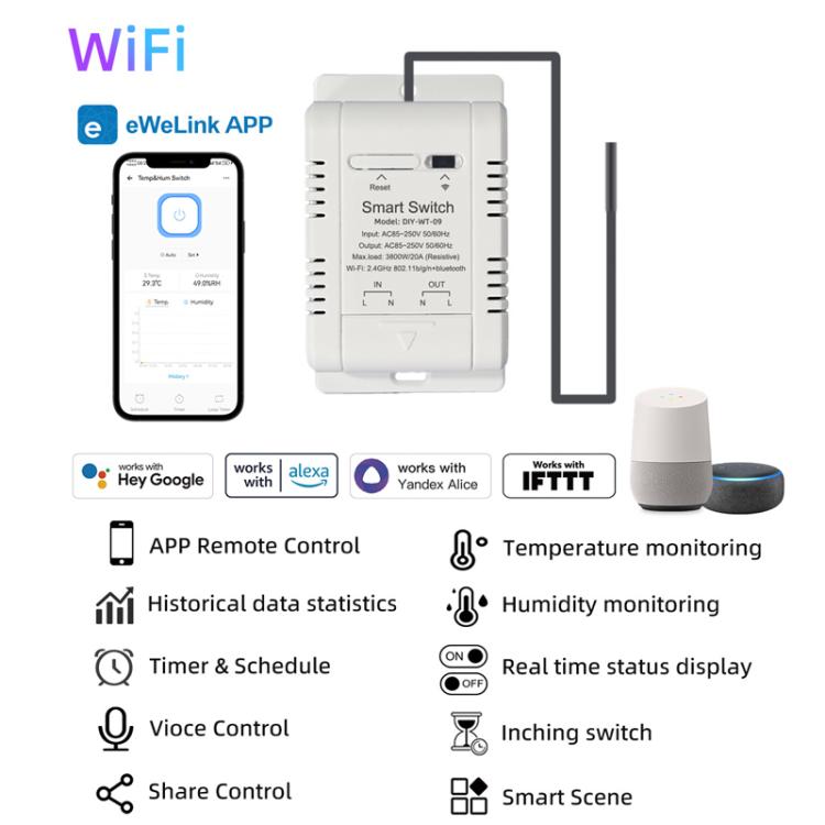 DIY-WT-09 20A Temperature Switch Smart Thermostat, Compatible With Google / Alexa / Yandex Alice / IFTTT, With 1m Temperature Sensor, With 2m Temperature Sensor, Humidity+1m Temperature Humidity Sensor