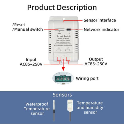 DIY-WT-09 20A Temperature Switch Smart Thermostat, Compatible With Google / Alexa / Yandex Alice / IFTTT, With 1m Temperature Sensor, With 2m Temperature Sensor, Humidity+1m Temperature Humidity Sensor