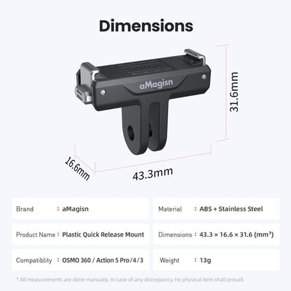 For DJI Osmo 360/Action 5 Pro/4/3 aMagisn Magnetic Quick-Release Adapter Plastic Snap-On Base, AA25